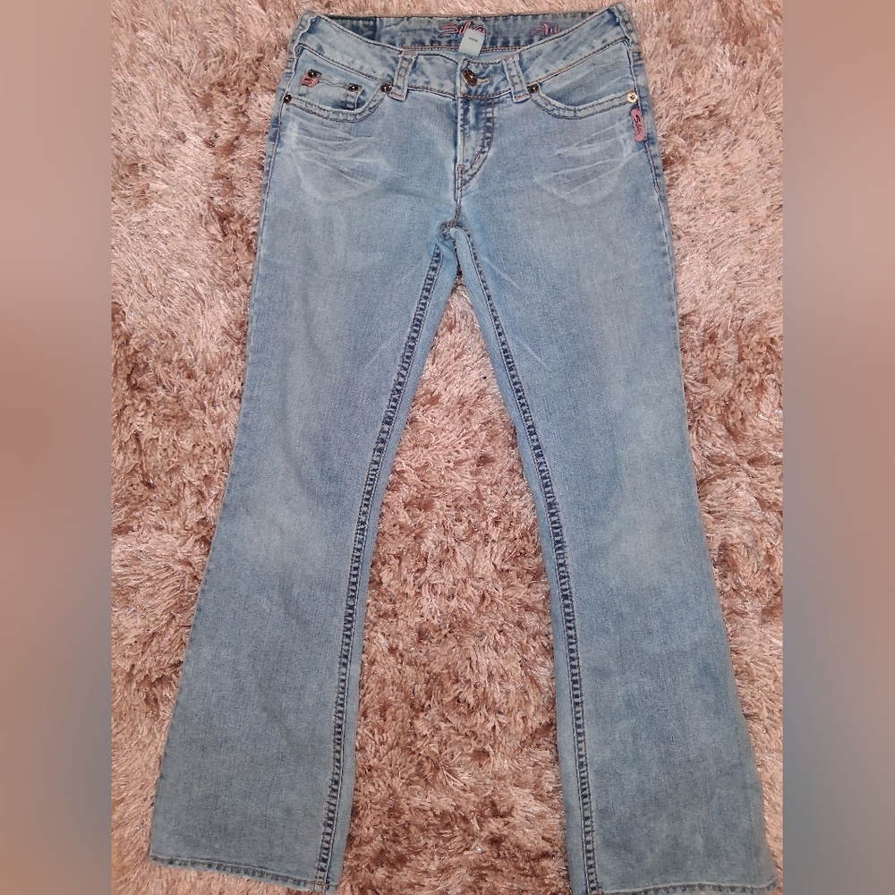 Silver Jeans Women's Light Wash Boot Cut Jeans With Pink Accents